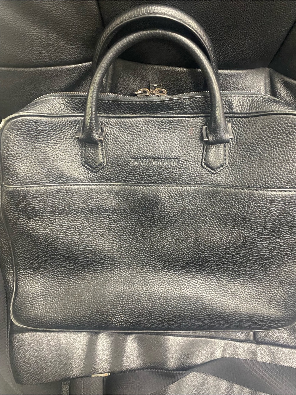 Armani Black Textured Leather Work Briefcase with Dual Handles